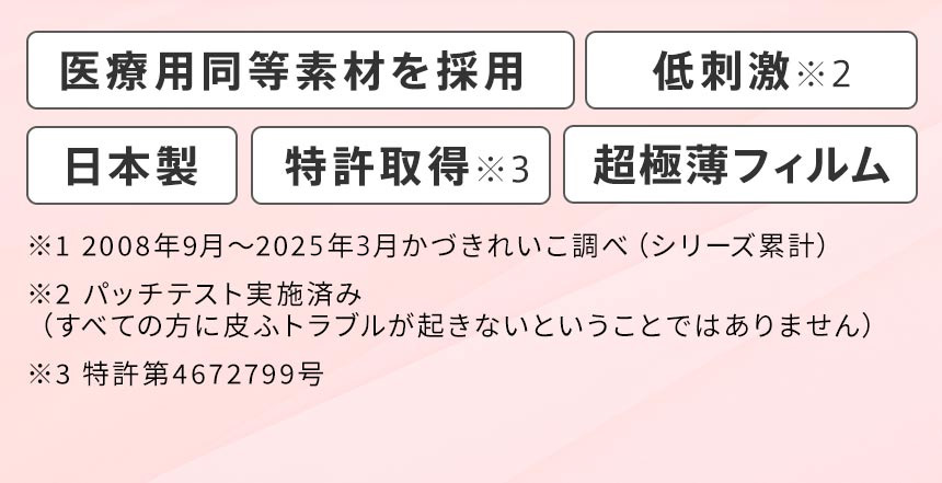 かづき・デザインテープは、医療用同等素材を採用、低刺激、日本製、特許取得、超極薄フィルムで目立ちにくい